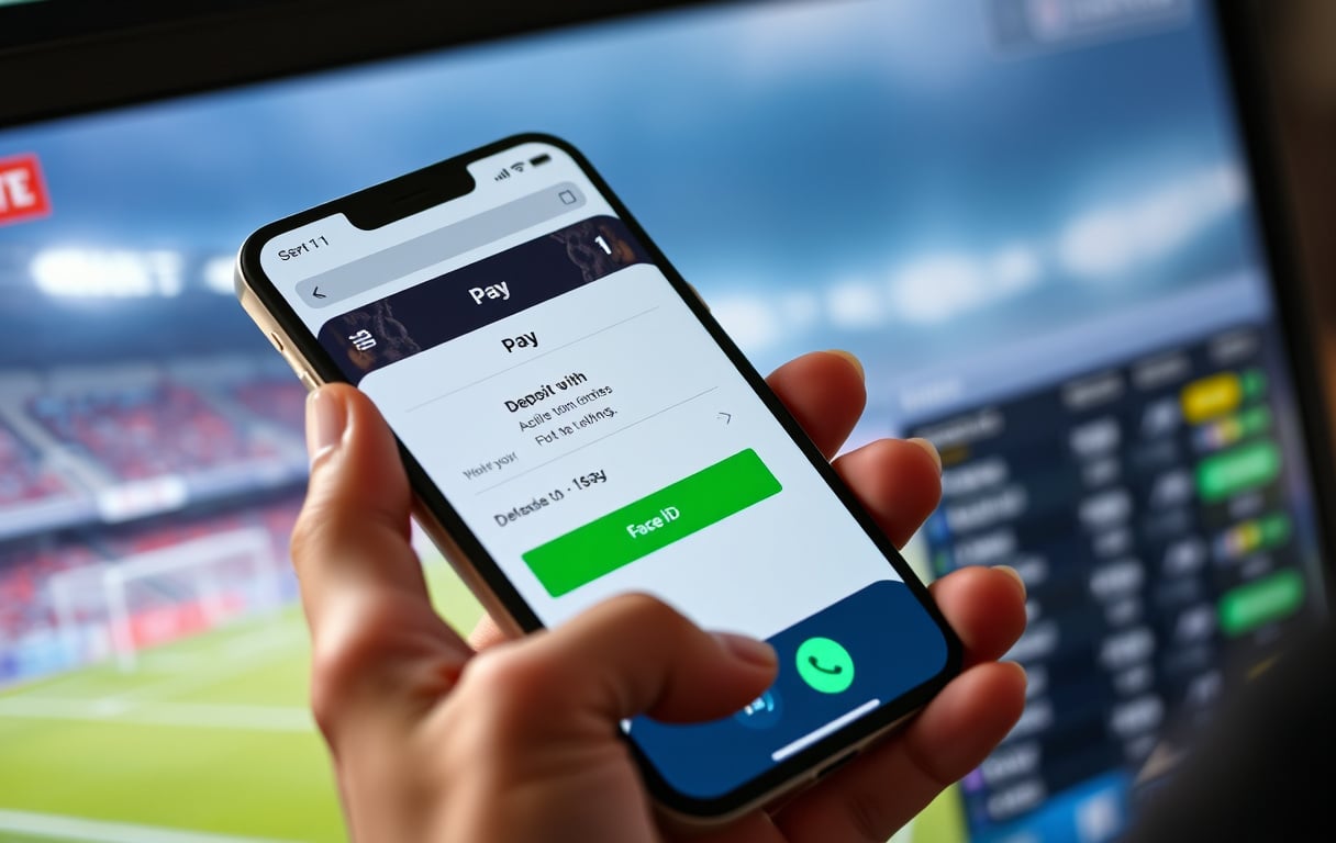 Person som bruker Apple Pay på iPhone for innskudd på en oddsside med fotballodds i bakgrunnen.