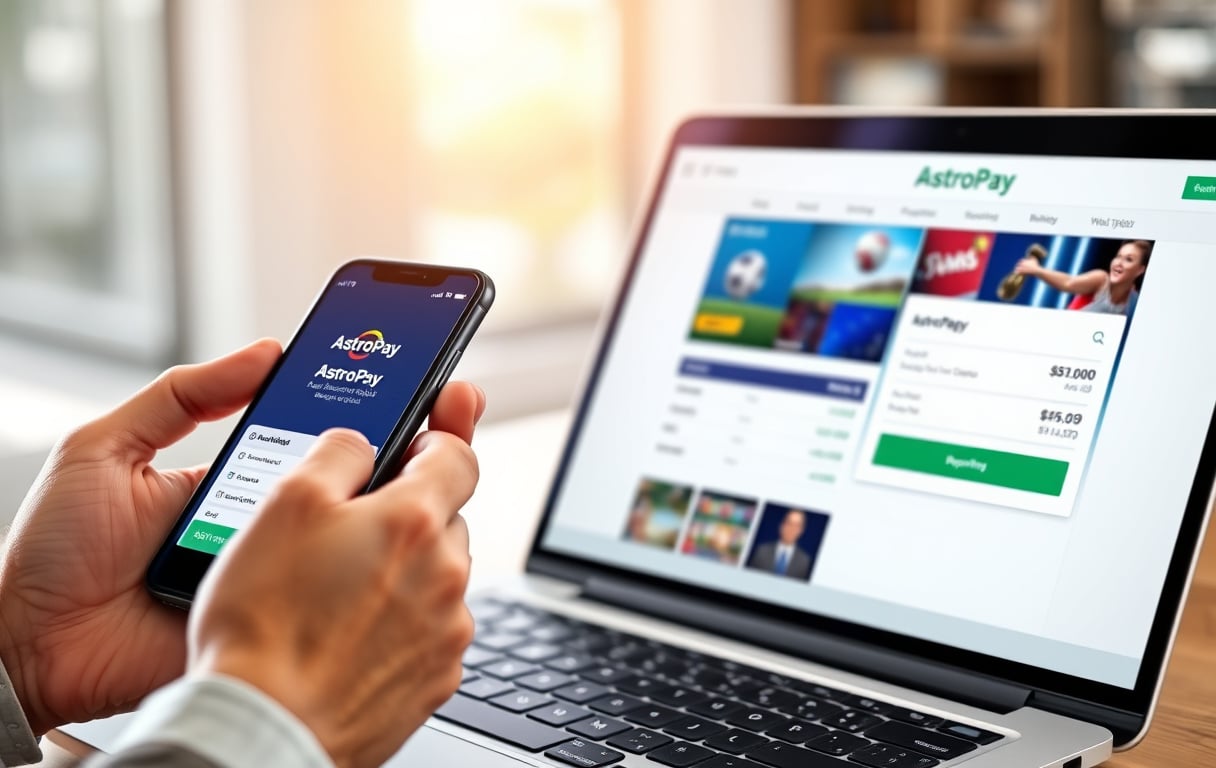 Person med AstroPay-appen på mobilen og en bookmakers innskuddsside på datamaskinen