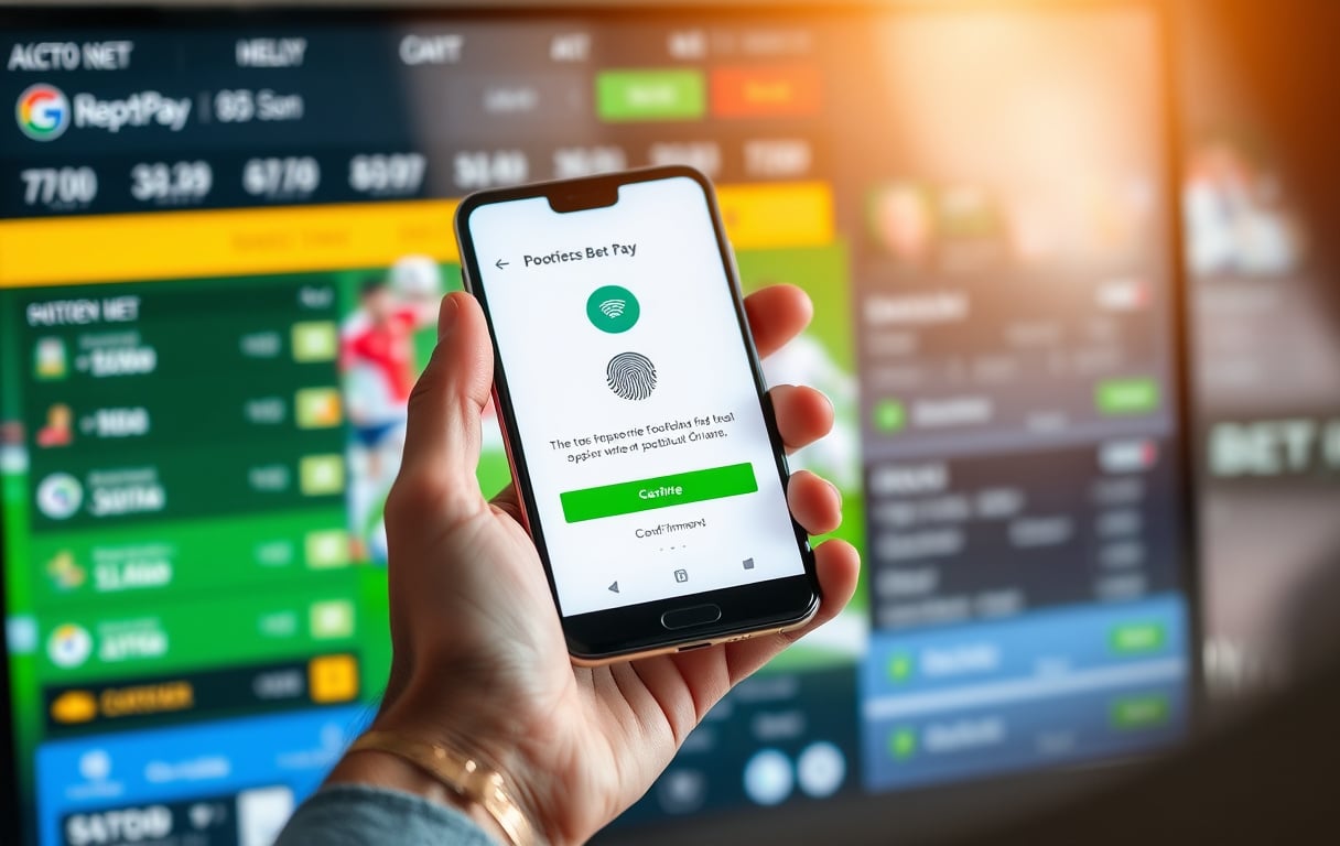 En person som bruker Google Pay for å sette inn penger på en bettingside for fotball – mobilskjermen viser fingeravtrykkbekreftelse.