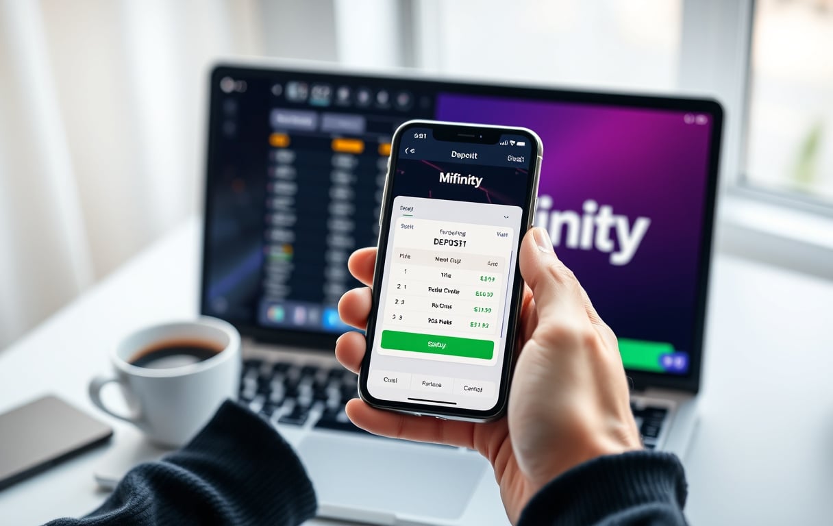 Smarttelefon med MiFinity-app og bookmaker på skjermen, kaffekopp ved siden av.