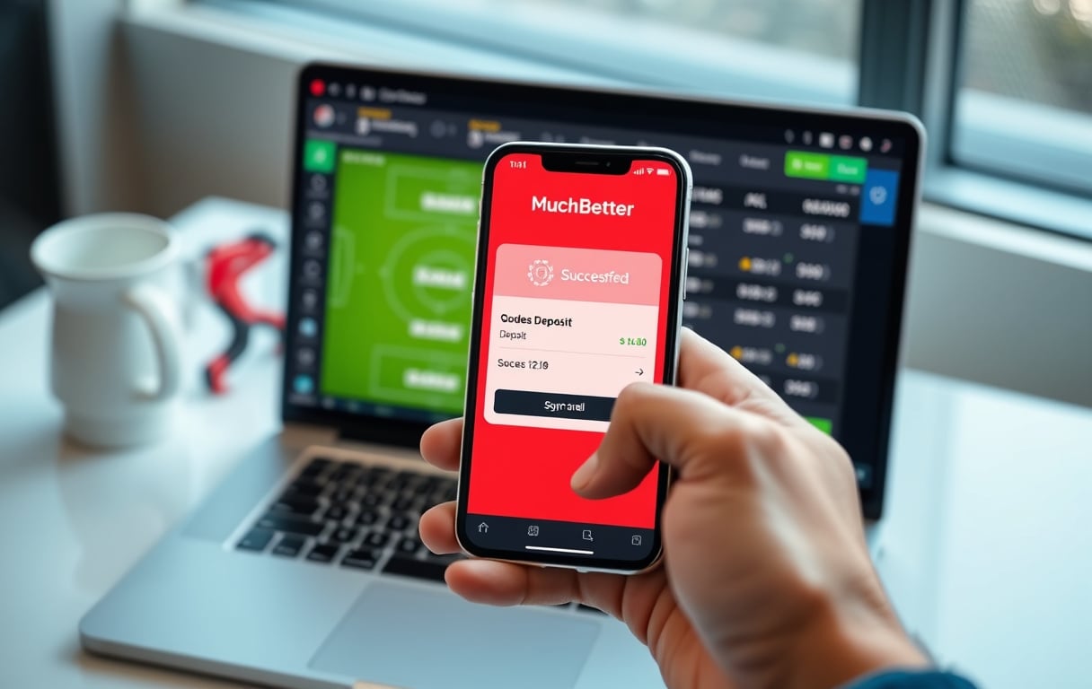 Person som setter inn penger på en bookmaker med MuchBetter-appen – mobilen viser bekreftelse, laptop viser odds.