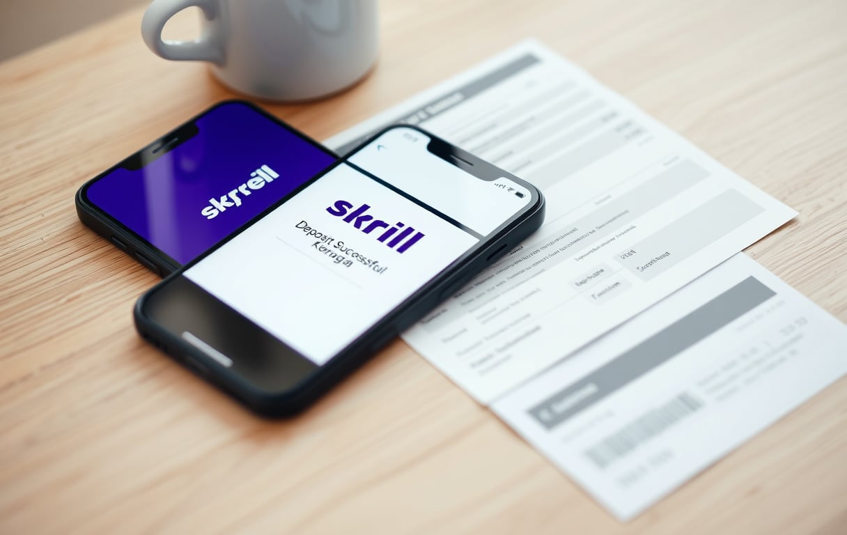 Smarttelefon med Skrill-logo og bekreftelse på innskudd ved siden av tippekupong og kaffekopp