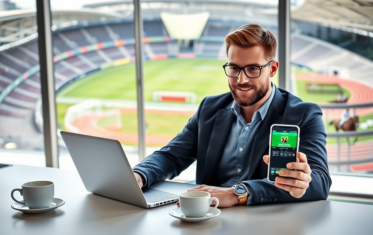 Norsk bettingspiller som analyserer oddsbonus på laptop med kopp kaffe og mobiltelefon, bakgrunn med sportsarena