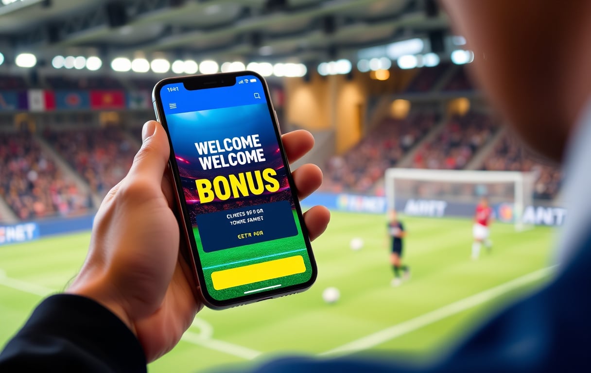 Person med mobiltelefon som viser velkomstbonus for betting.