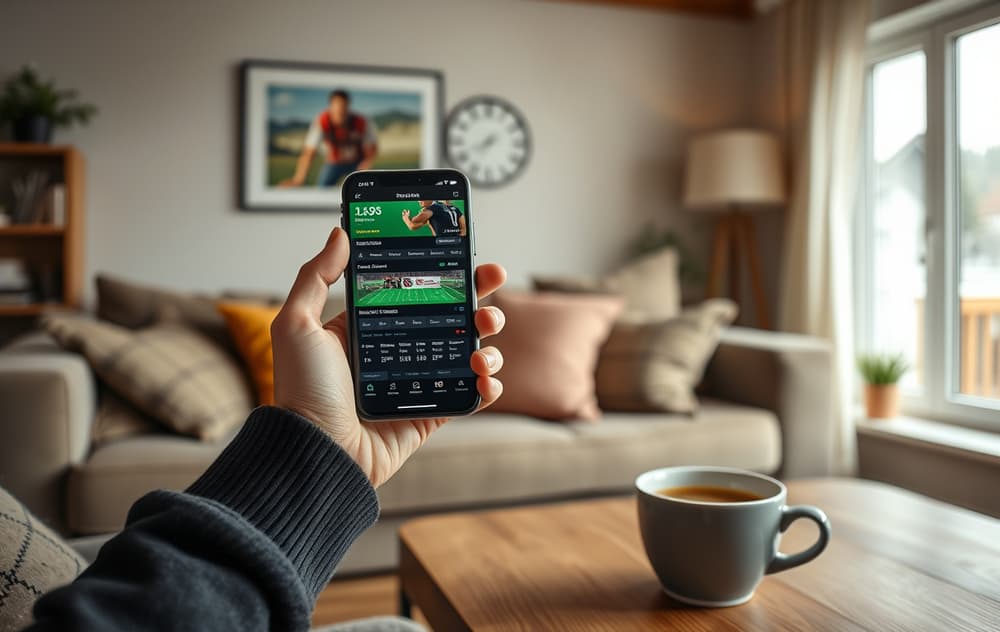 En person i en norsk stue med mobiltelefon og kaffekopp, som viser en spillside.