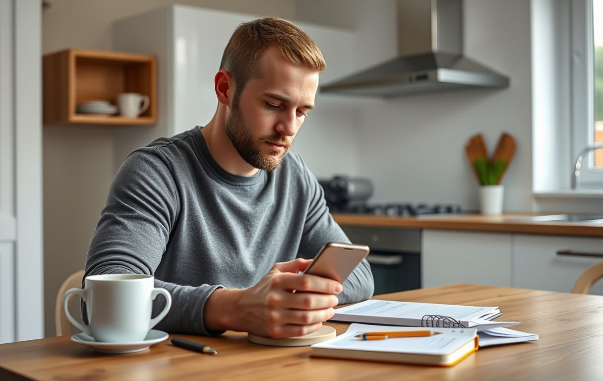 Mann som sjekker odds på mobil med kaffekopp og notatbok – ansvarlig spilling.