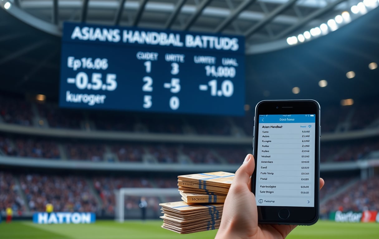 Fotballkamp med Asian handicap-odds på en resultattavle og en mobiltelefon med spillkupong.
