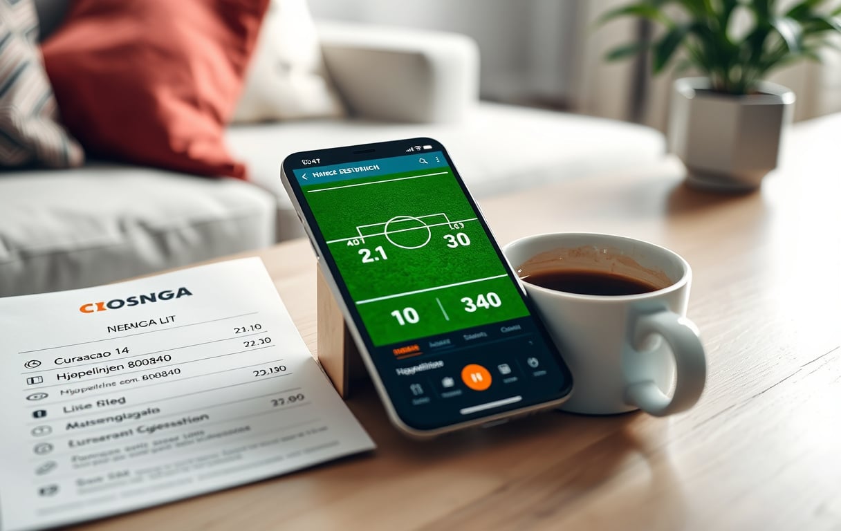 Mobiltelefon med betting-app for fotball og en kaffekopp – ved siden av en liste med lisensinfo og ansvarlig spilling