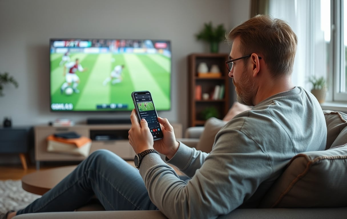 En person tipper på mobil mens fotballkamp vises på TV.