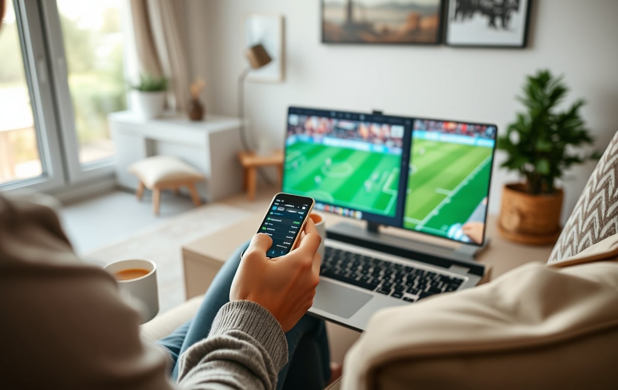 Person som sammenligner odds på mobil mens han ser på fotballkamp på laptop.