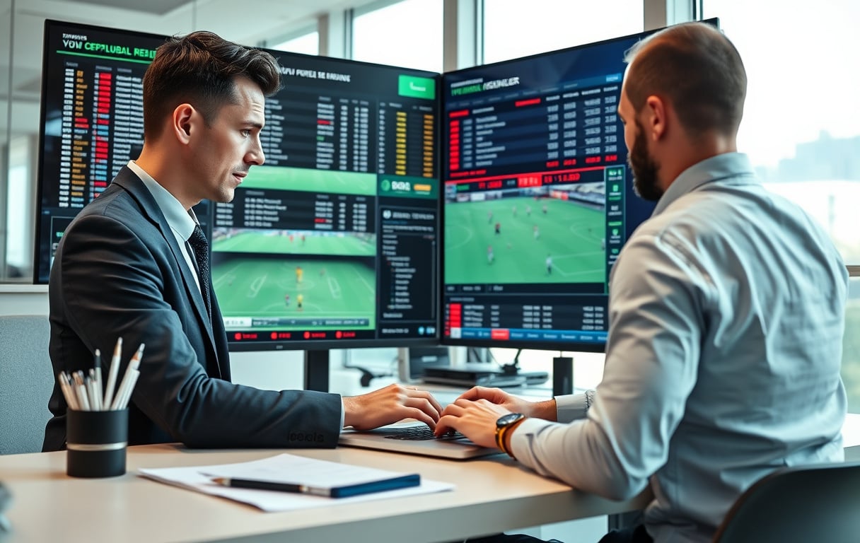 En person som analyserer live odds på en bærbar PC med flere skjermer som viser fotballkamper og bettingmarkeder.