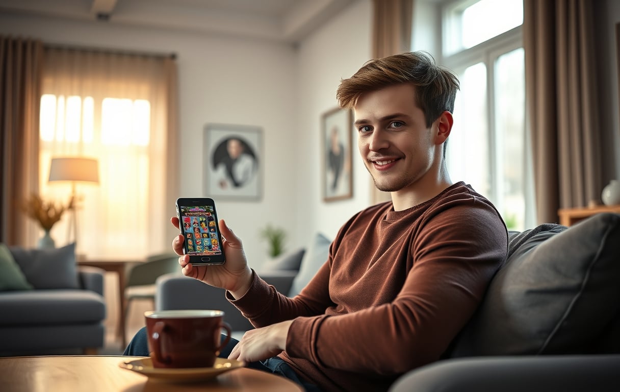 Mann som spiller på mobilen i en stue med kaffekopp – illustrasjon av mobilcasino.