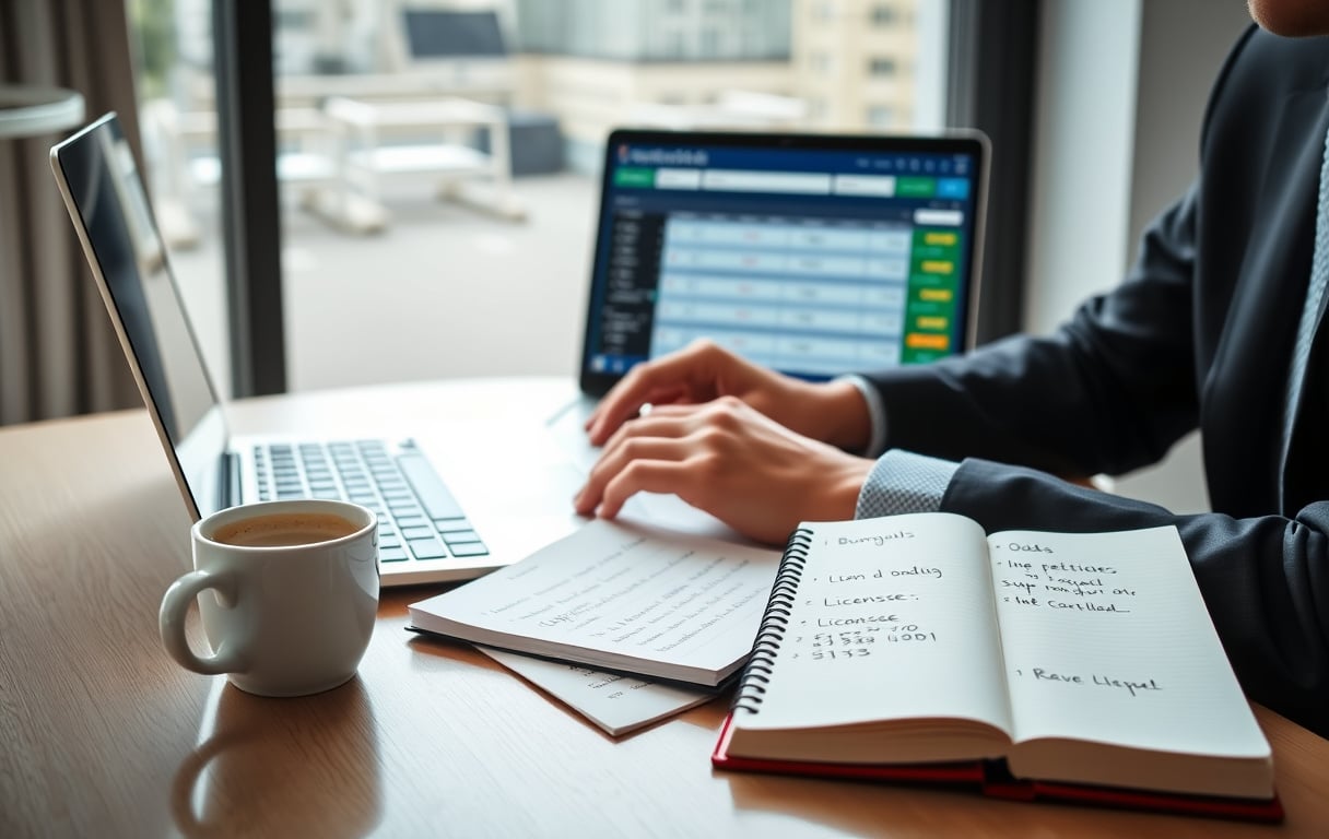 Person som sammenligner odds på en bettingside på laptop med notater om lisens og bonusvilkår.