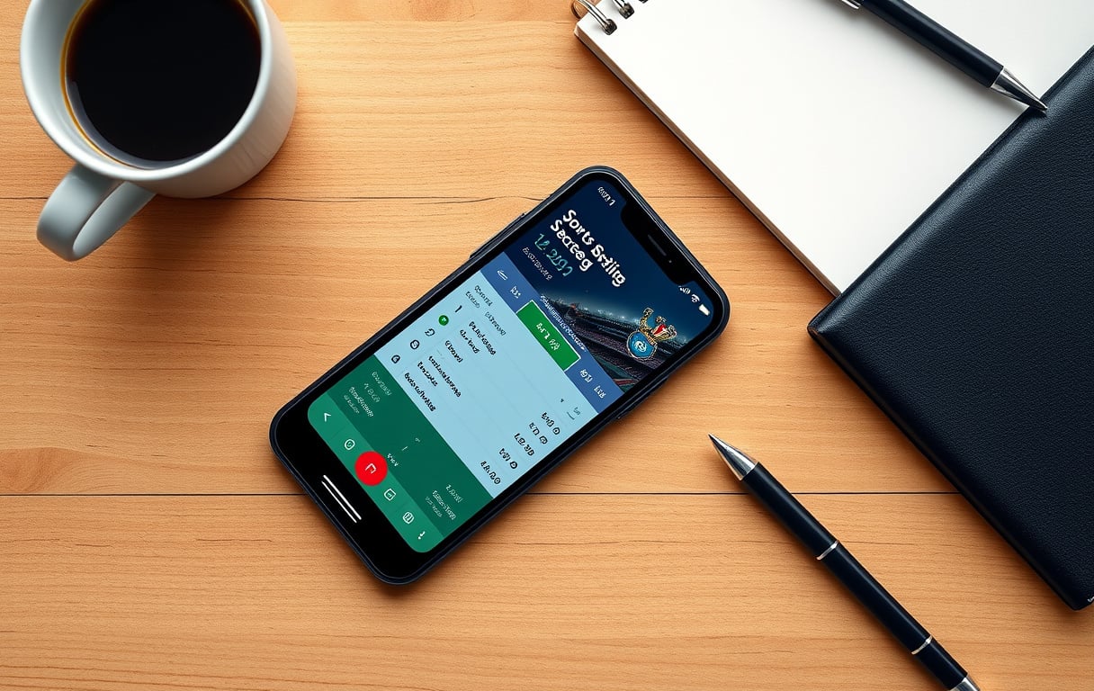 Smarttelefon med bettingapp på trebord, ved siden av kaffekopp og notatblokk