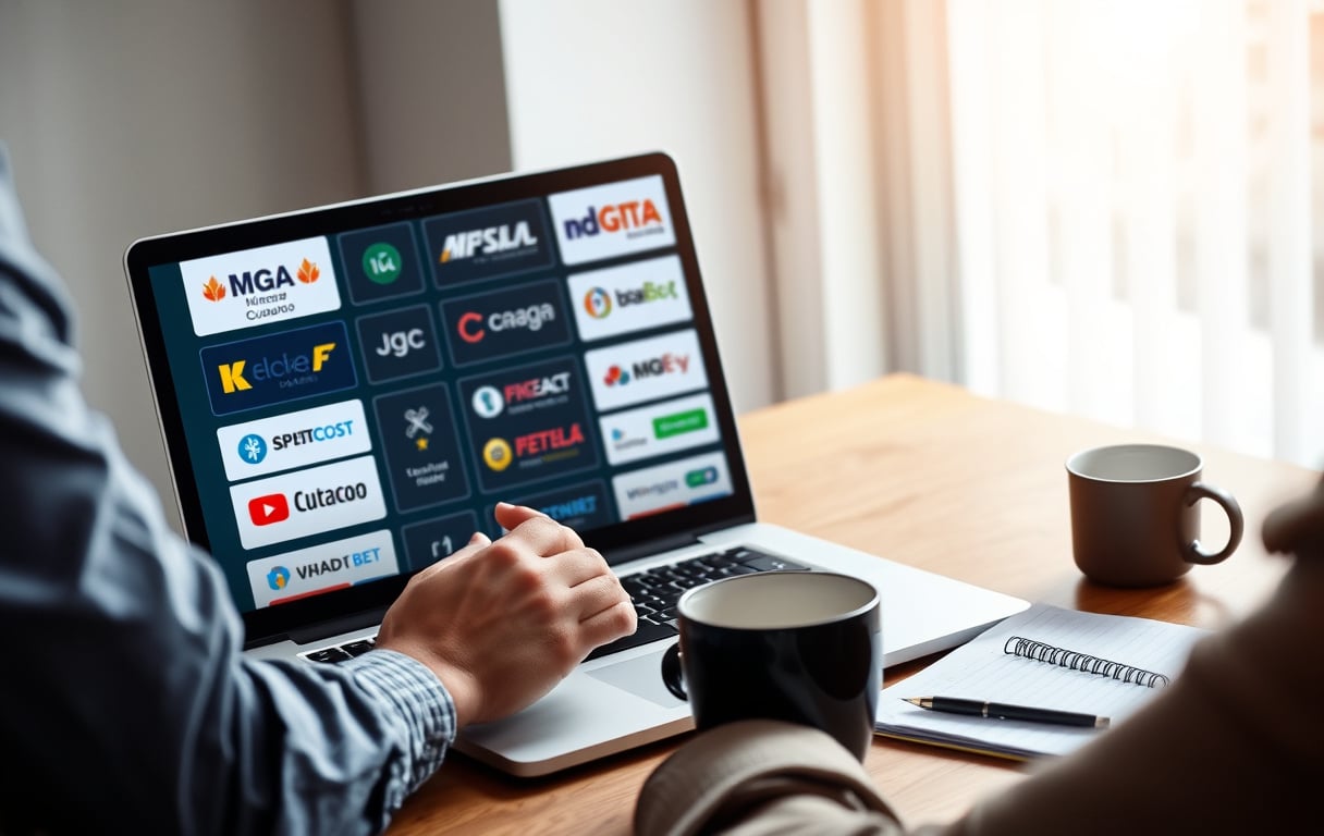En person som sammenligner bettingsider på en bærbar PC med lisenslogoer synlig.