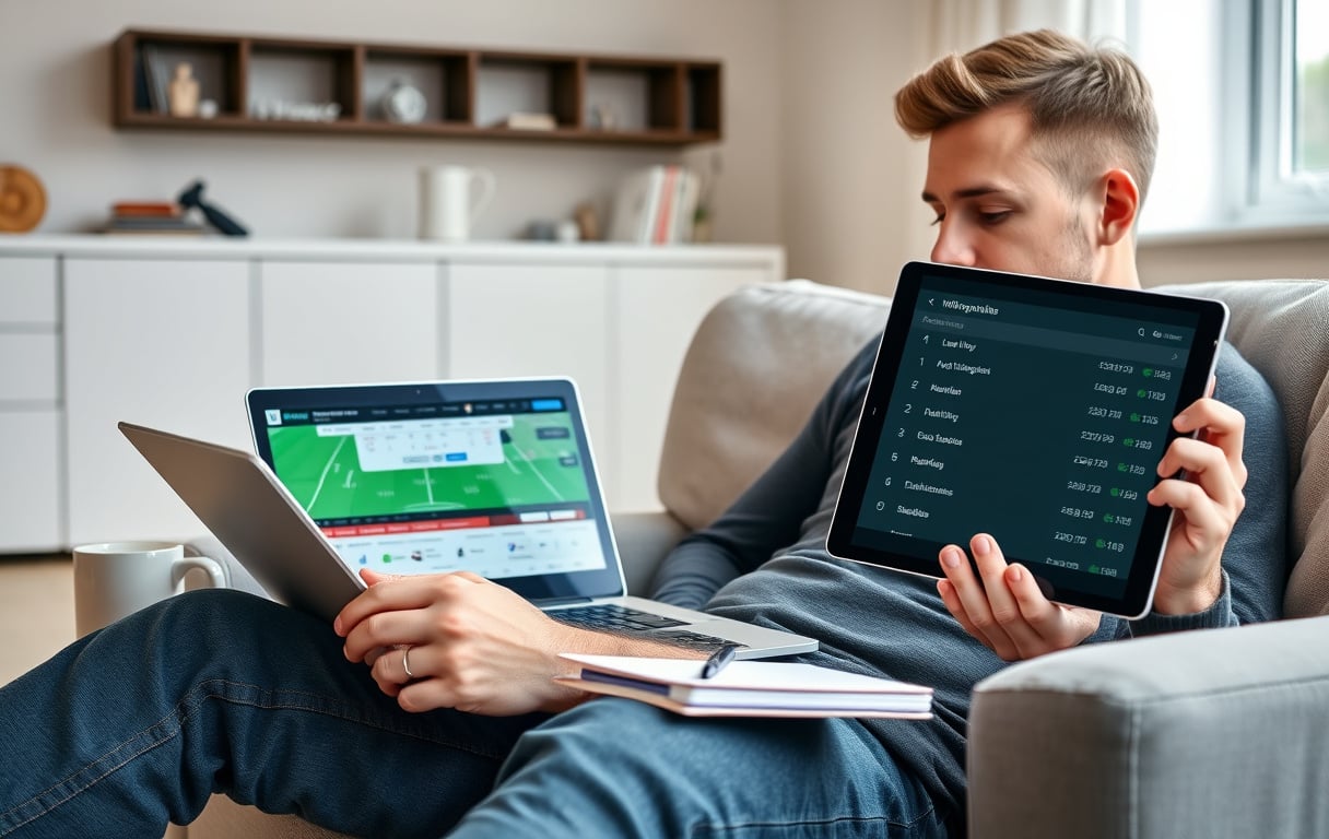 Norsk mann sammenligner odds og uttaksmetoder på laptop og nettbrett.