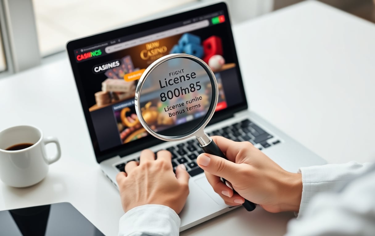 Person som sammenligner casinoer på laptop med forstørrelsesglass over lisens og bonusvilkår.