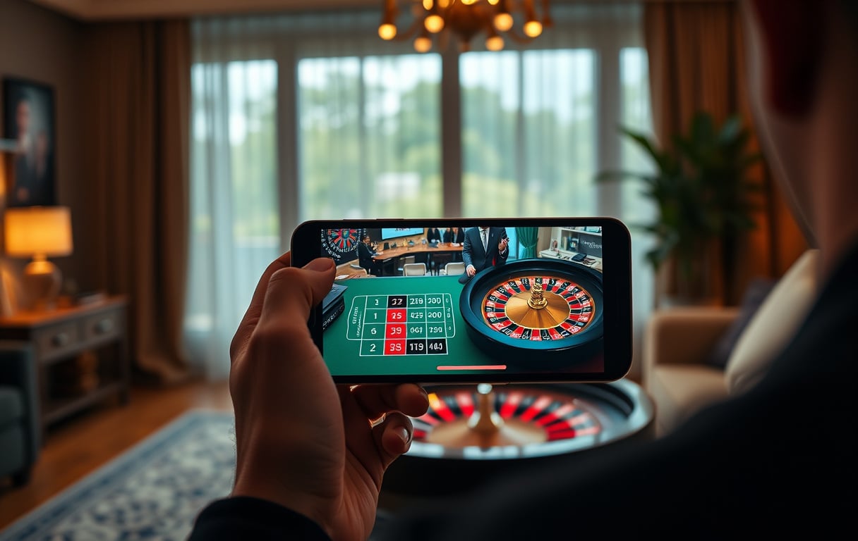 Person som spiller live roulette på mobil med ekte dealer i stuen.