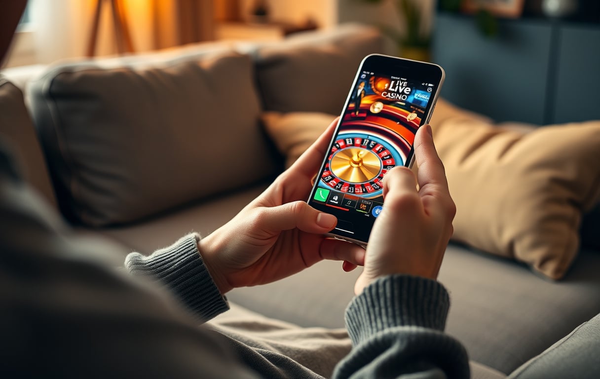 Person som spiller live casino på mobil i en stue.