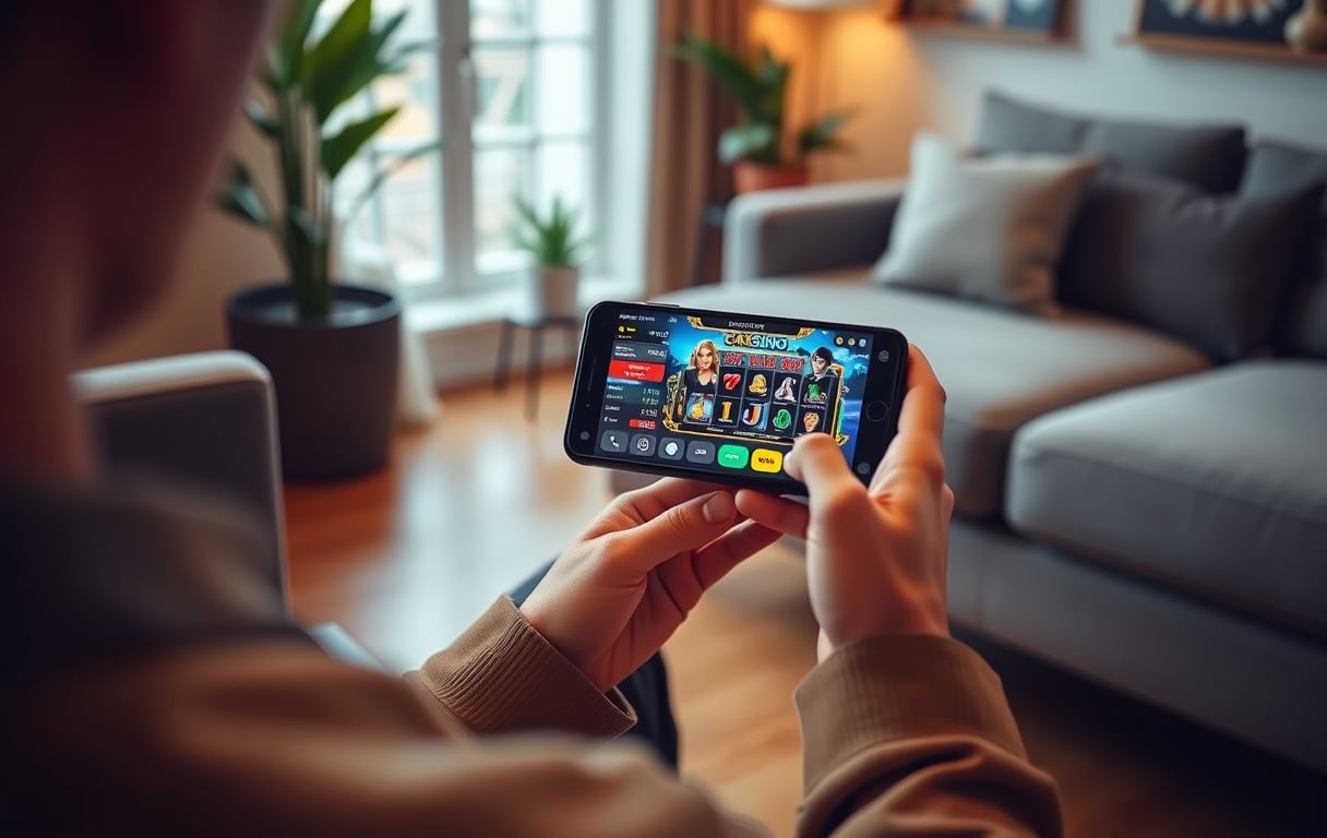 En person spiller på nettcasino på mobilen i en stue, med casinolobby på skjermen