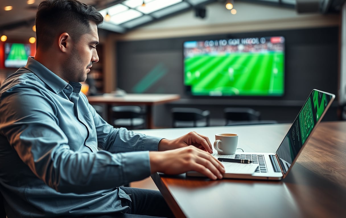Person som sammenligner odds på en laptop med kaffekopp og notatblokk, sportsbar i bakgrunnen.