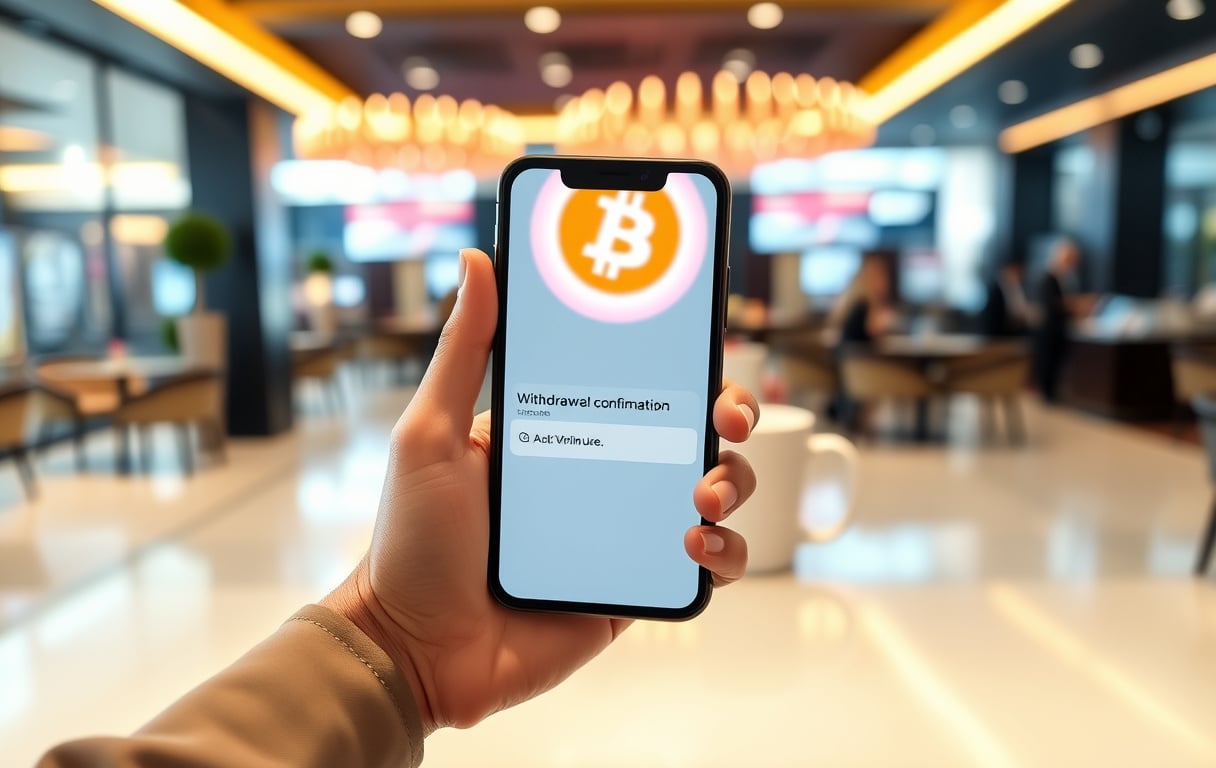 Person med mobil som viser uttaksbekreftelse fra casino, med Bitcoin-symbol i bakgrunnen