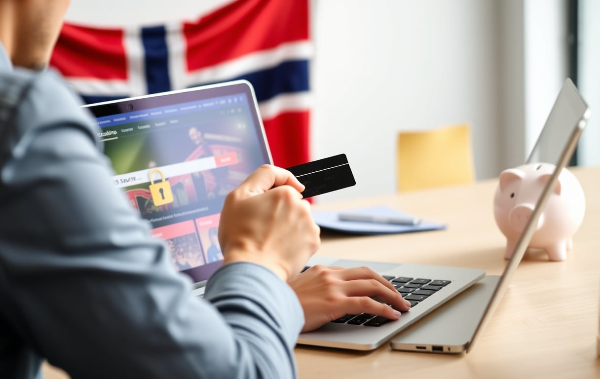 En person sjekker et trygt casino på laptop med hengelåsikon i adressefeltet.