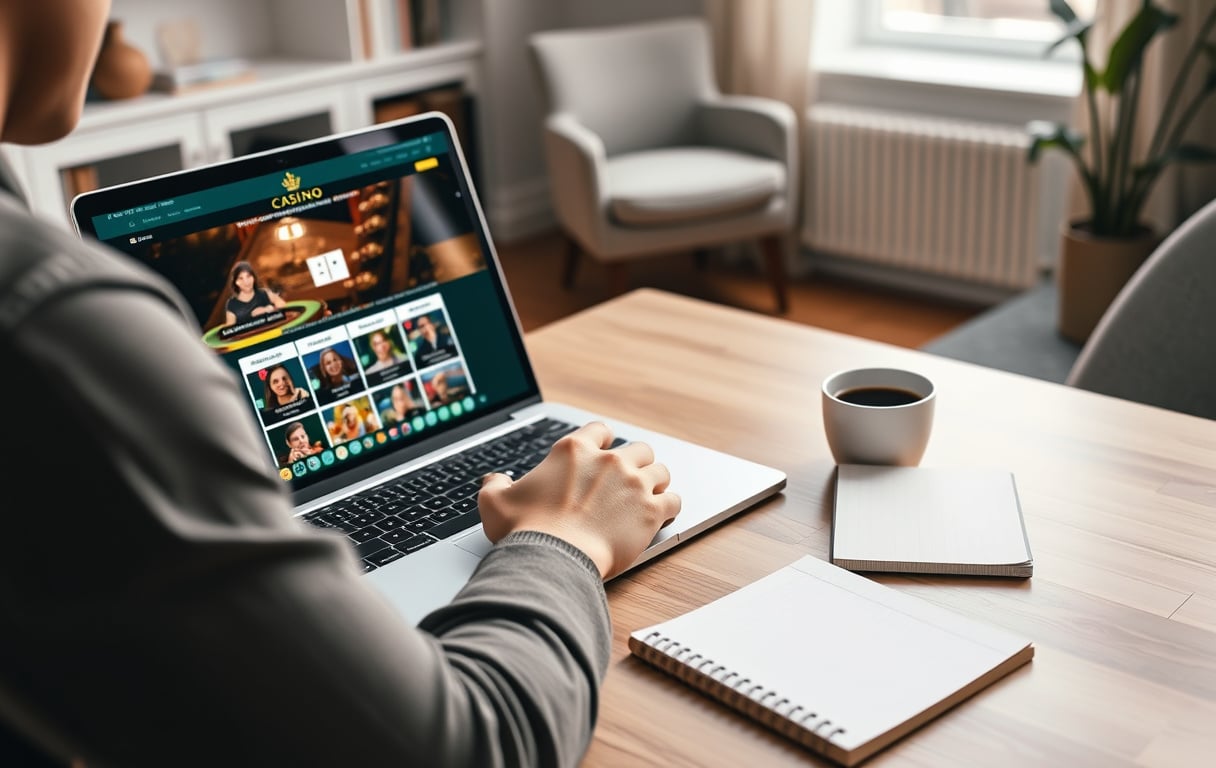 En person som sammenligner utenlandske casinoer på en laptop, med notatblokk og kaffekopp på skrivebordet.