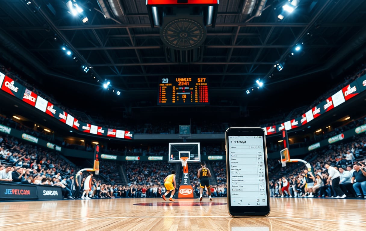 Basketballkamp i arena med odds på mobilskjerm i forgrunnen