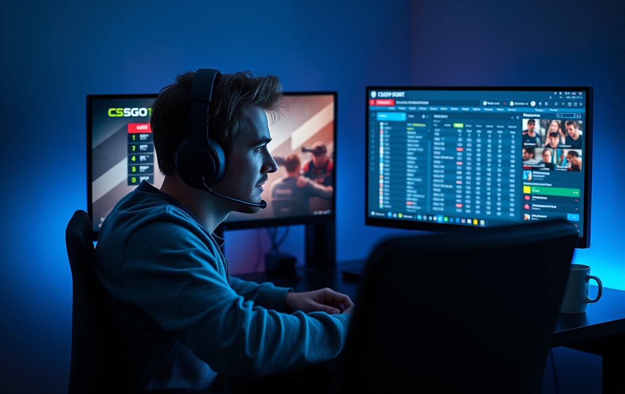 Norsk eSport-spiller som følger live-kamp og odds på to skjermer
