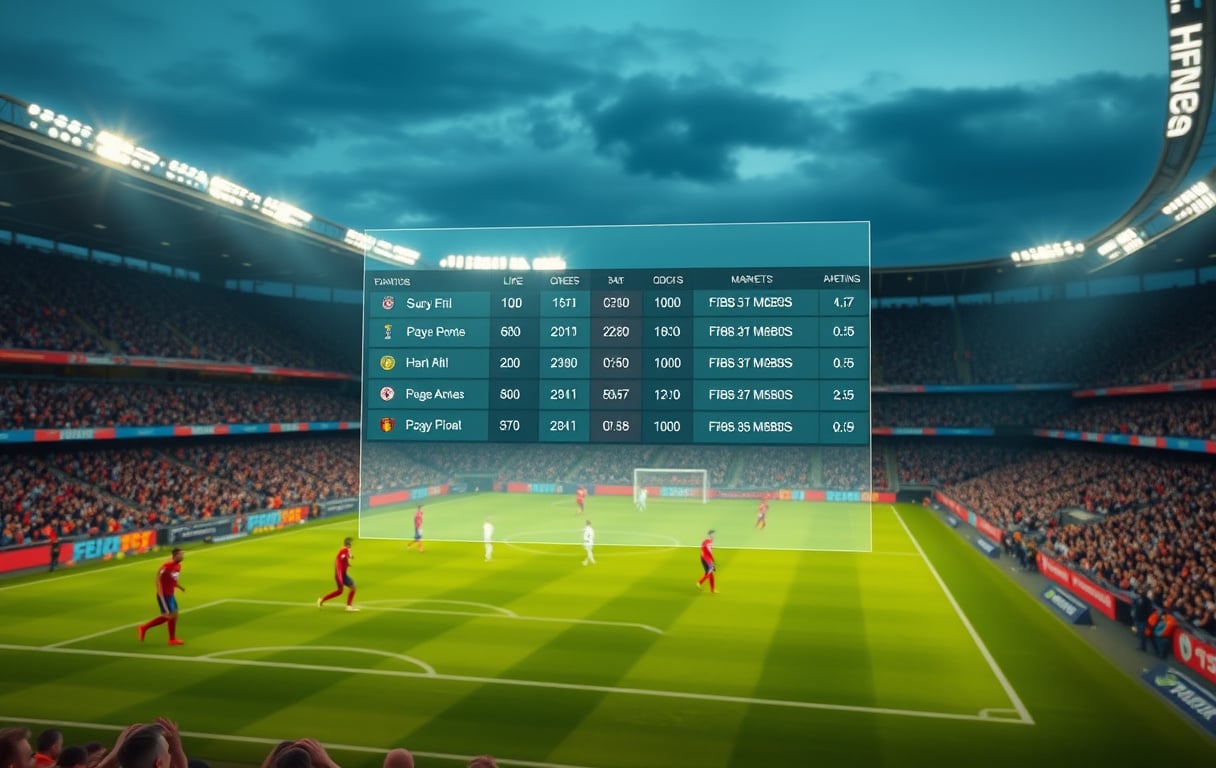 Fotballkamp med live odds og bettingmarkeder vist i forgrunnen
