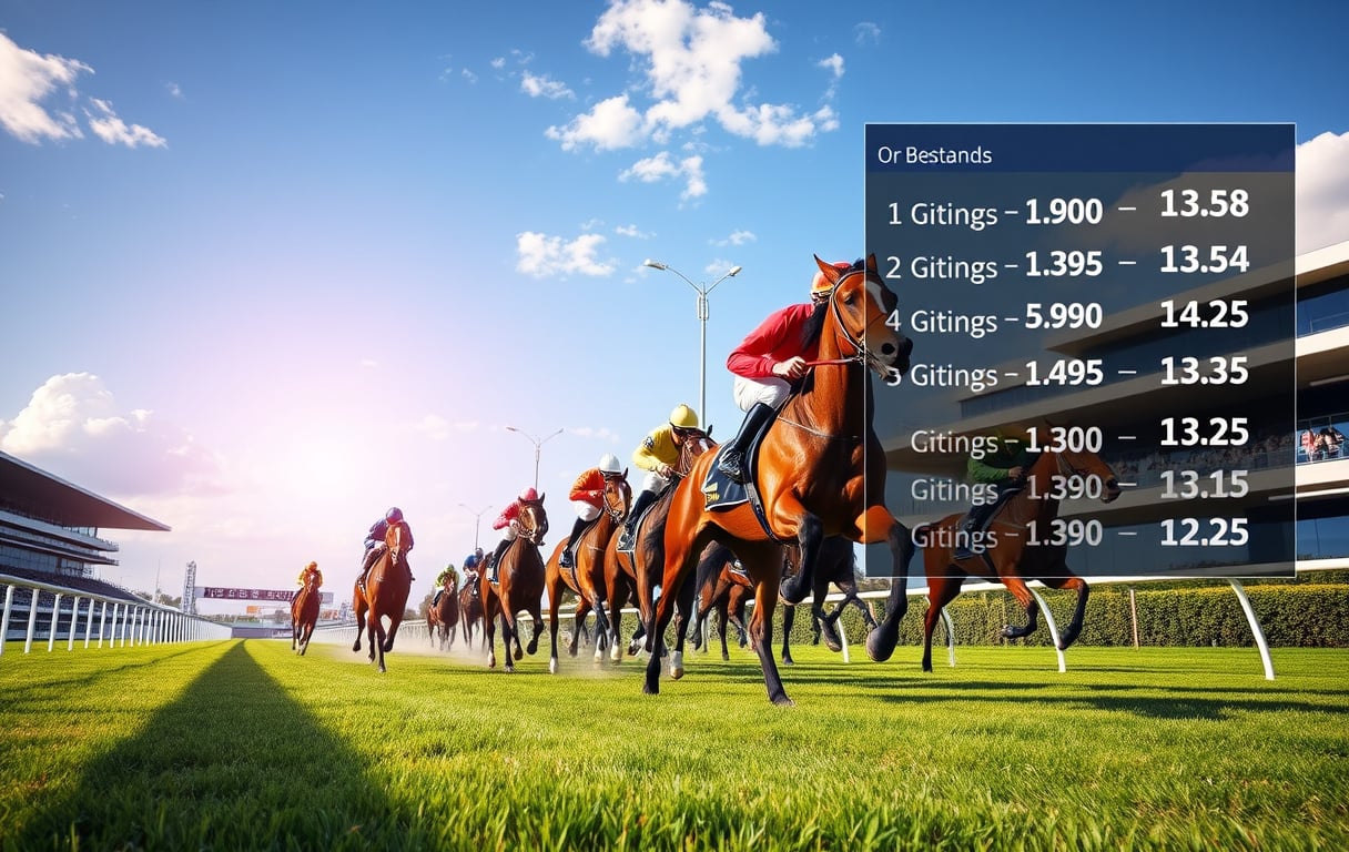 Hesteløp med jockeyer og oddsdisplay på banen