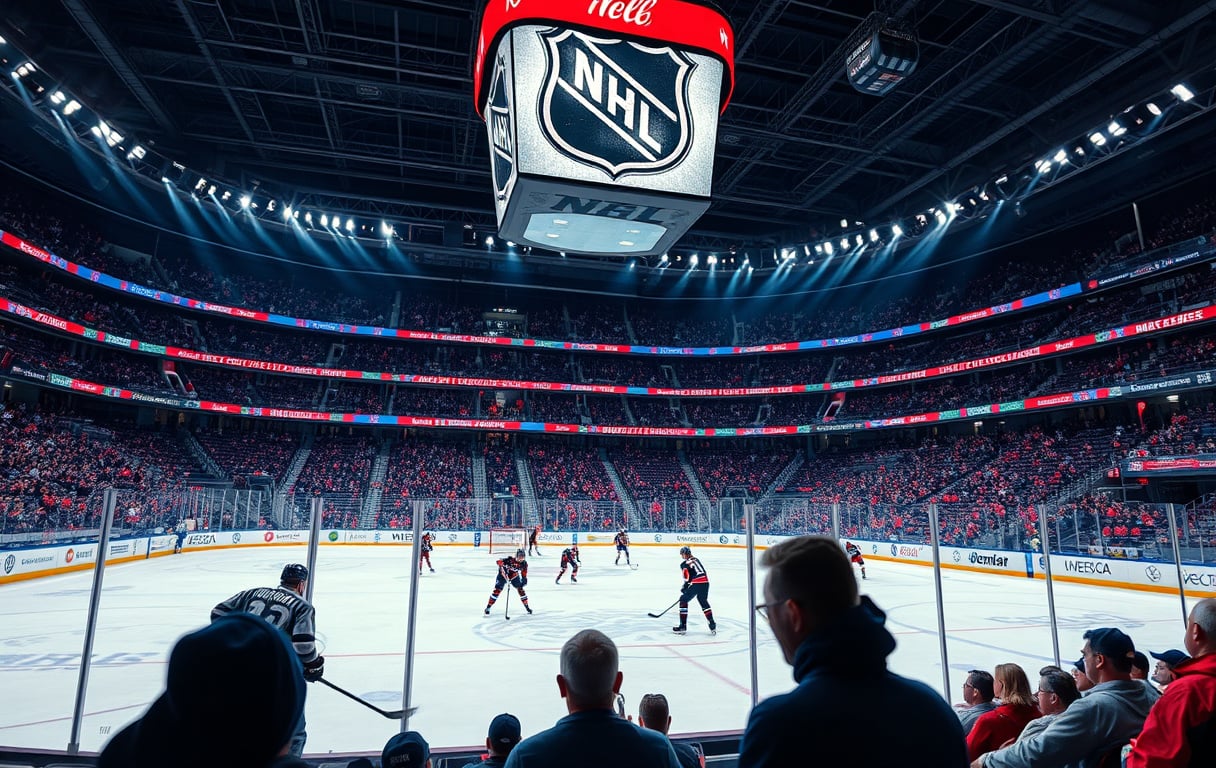 Ishockeyspillere i kamp med oddstall i bakgrunnen – illustrasjon til guide om betting på ishockey.