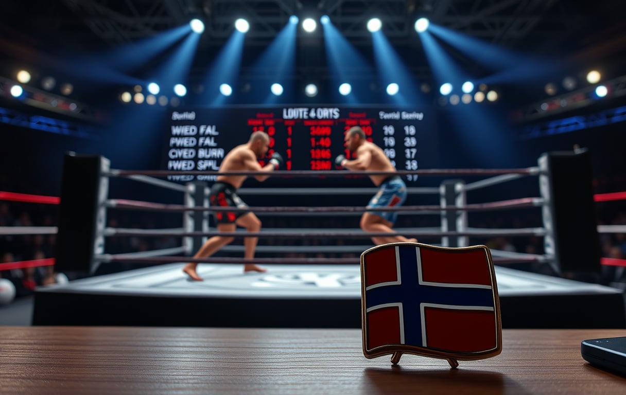 MMA-fight i buret med oddstall på skjerm og norsk flagg