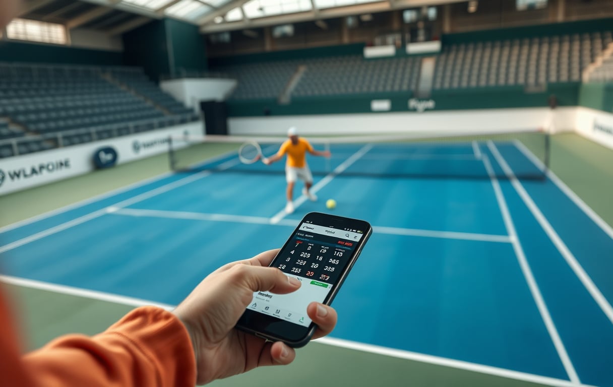 Tennisbane med spiller og mobiltelefon som viser live odds